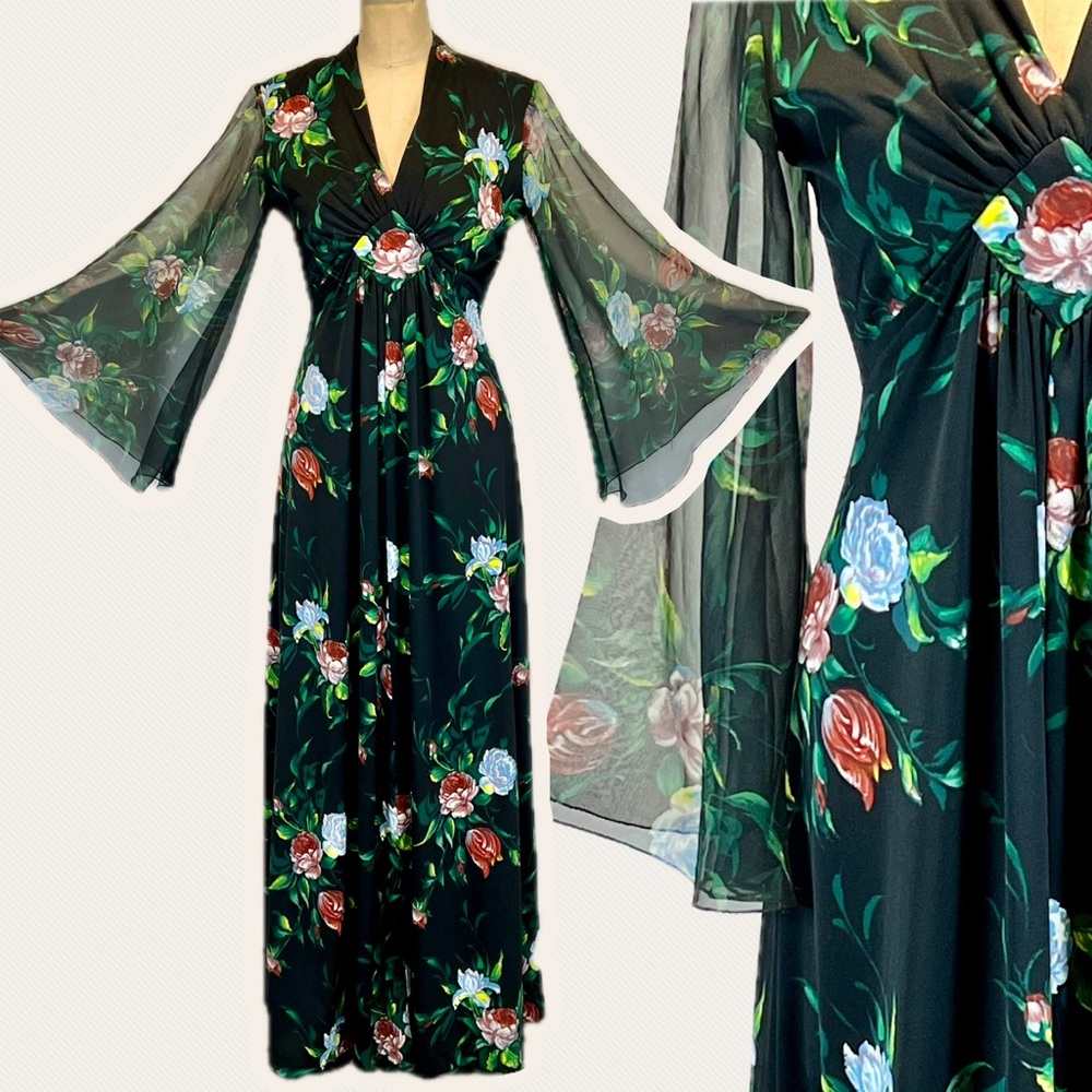VINTAGE bohemian bell sleeve dress long maxi gown dark moody floral 60s 70s